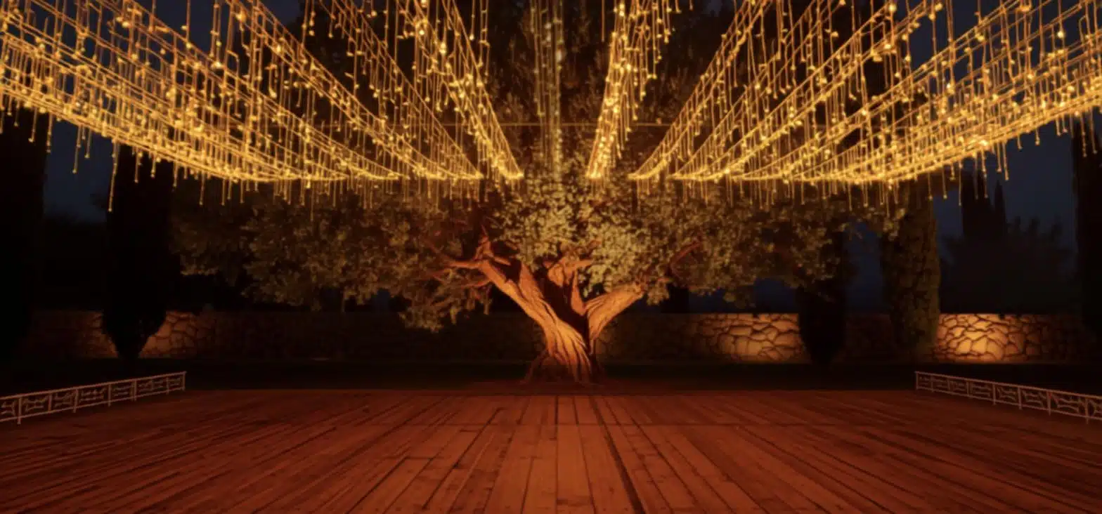 Fairy lights απλωμένα πάνω από υπαίθρια πίστα με φωτισμένη ελιά