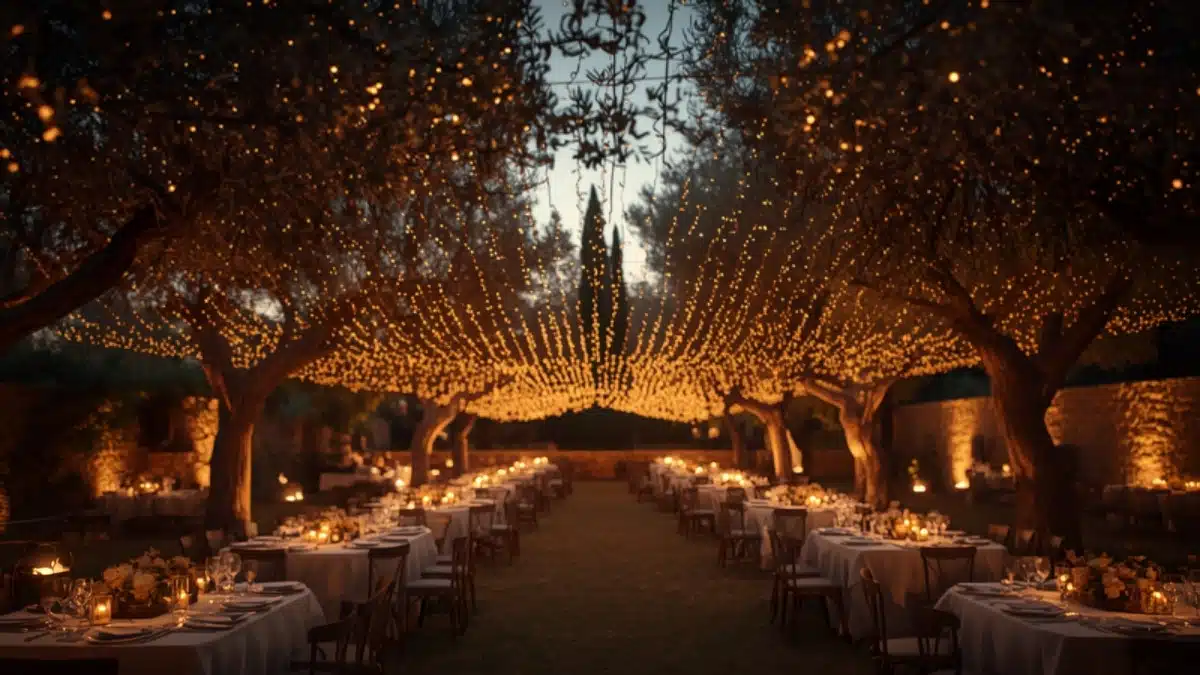 Fairy lights πάνω από χώρο δεξίωσης γάμου σε βραδινή λήψη