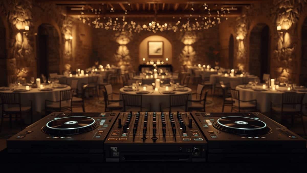 DJ am Pult bei einer Hochzeitsfeier während des Eröffnungstanzes