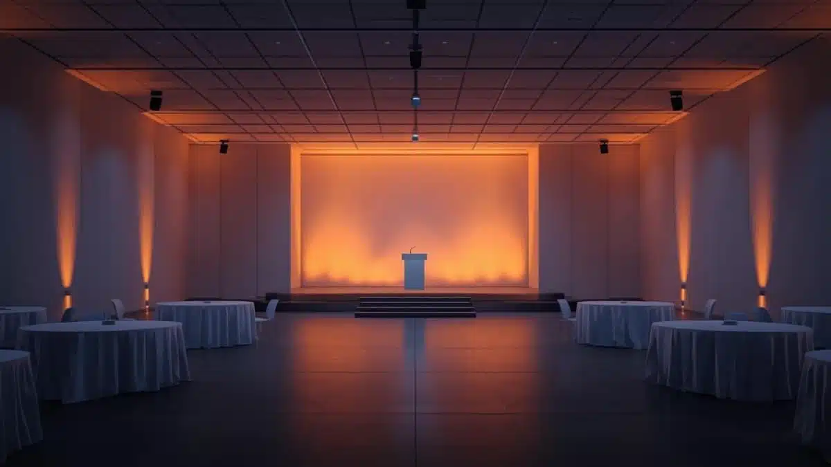 Σκηνή εταιρικής βράβευσης με podium Σκηνή εταιρικής βράβευσης με podium και μικρόφωνο σε αίθουσα στη Θεσσαλονίκη