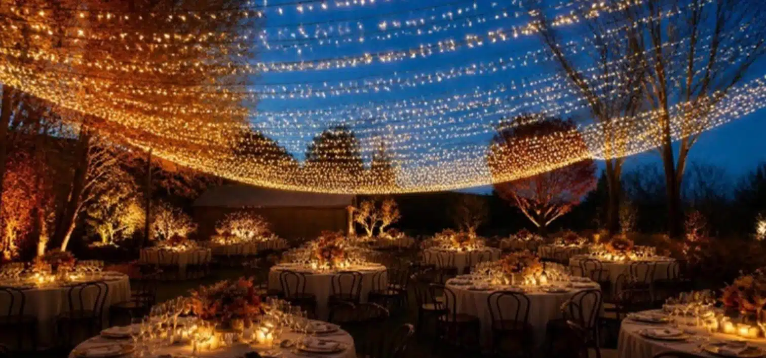 Fairy lights απλωμένα πυκνά πάνω από τα τραπέζια φθινοπωρινής δεξίωσης