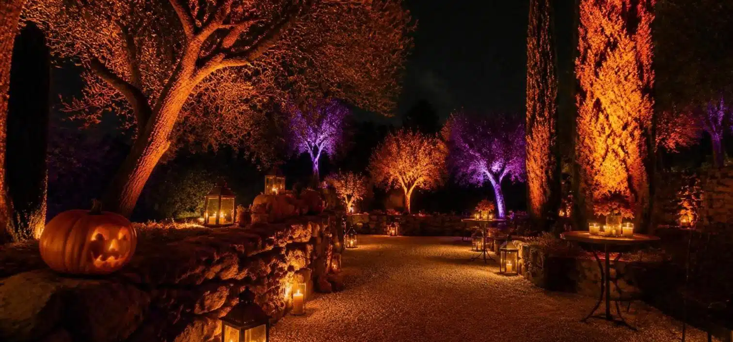 Υπαίθριος χώρος Halloween party με πορτοκαλί και μωβ φωτισμό σε δέντρα, κολοκύθες και φαναράκια