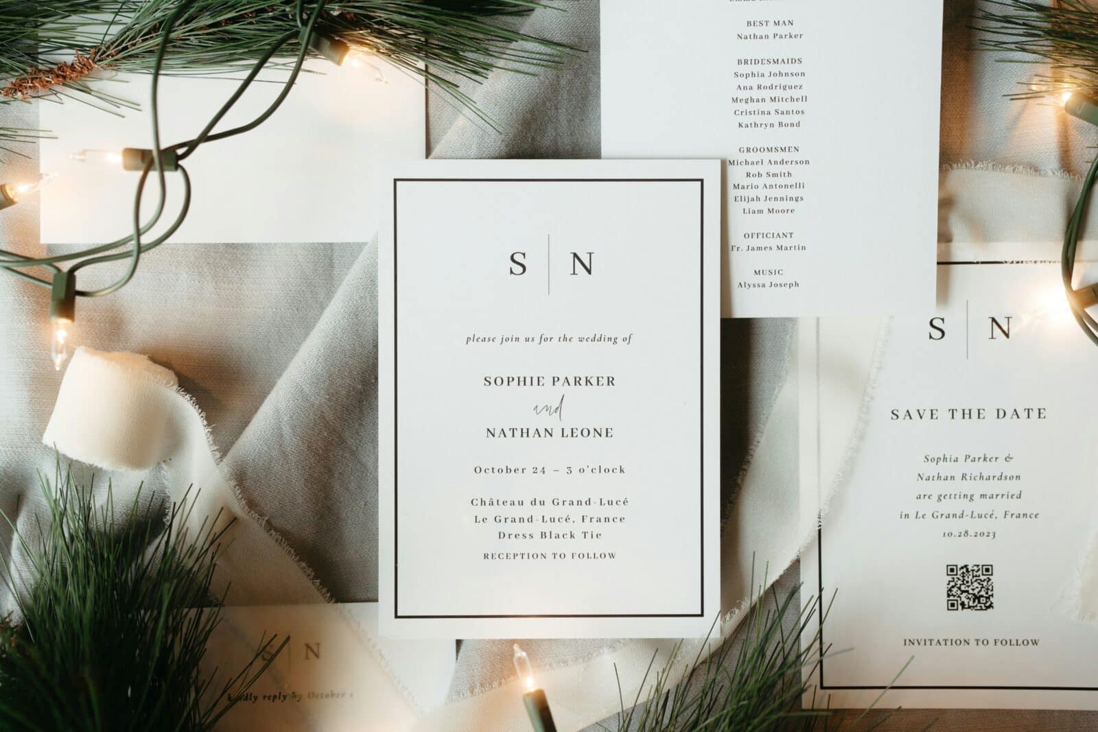 Hochzeitseinladungs-Set mit QR-Code Hochzeitseinladungs-Set mit QR-Code auf dem Save-the-Date